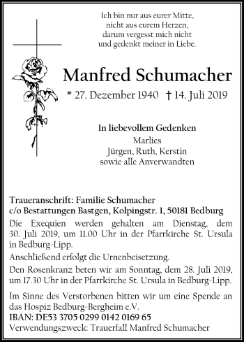 Anzeige von Manfred Schumacher von Kölner Stadt-Anzeiger / Kölnische Rundschau / Express