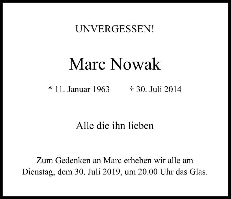 Traueranzeige für Marc Nowak vom 30.07.2019 aus Kölner Stadt-Anzeiger / Kölnische Rundschau / Express
