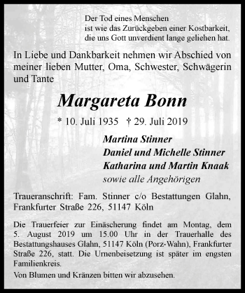 Anzeige von Margareta Bonn von  Kölner Wochenspiegel 