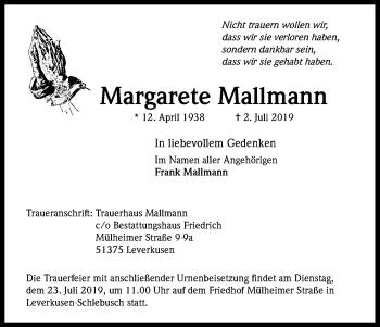 Anzeige von Margarete Mallmann von Kölner Stadt-Anzeiger / Kölnische Rundschau / Express