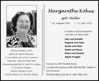 Anzeige von Margarethe Kokus von Kölner Stadt-Anzeiger / Kölnische Rundschau / Express