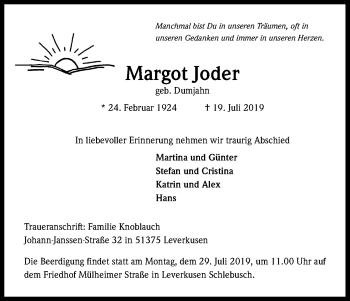 Anzeige von Margot Joder von Kölner Stadt-Anzeiger / Kölnische Rundschau / Express