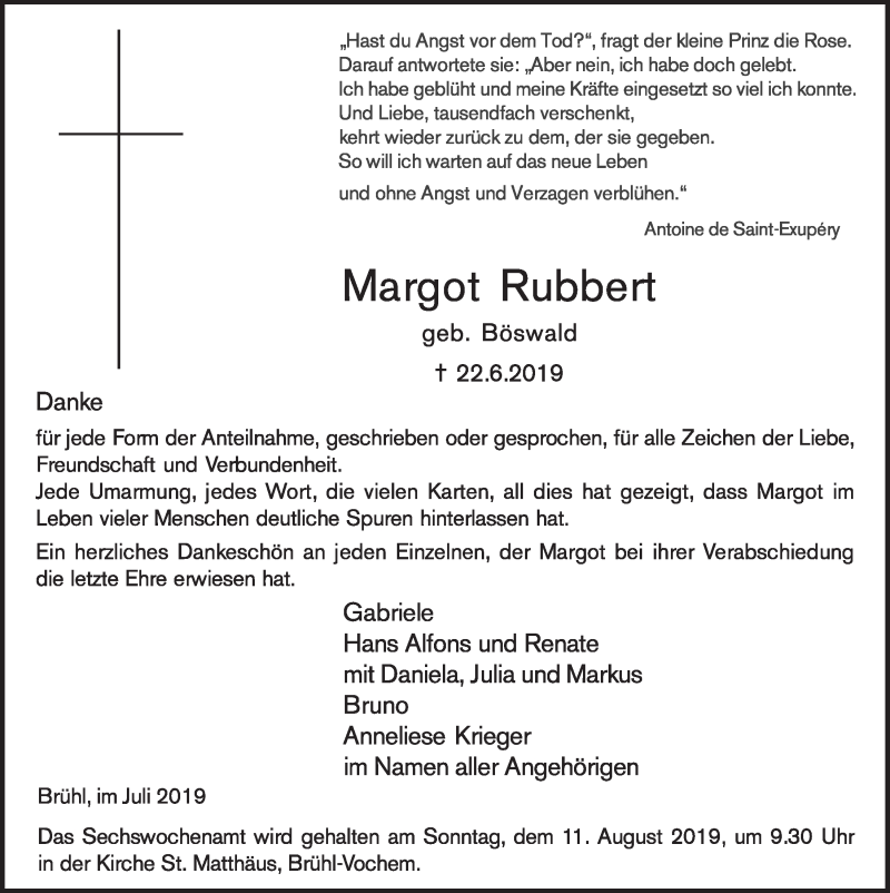  Traueranzeige für Margot Rubbert vom 31.07.2019 aus  Schlossbote/Werbekurier 