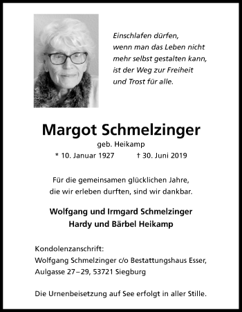 Anzeige von Margot Schmelzinger von Kölner Stadt-Anzeiger / Kölnische Rundschau / Express