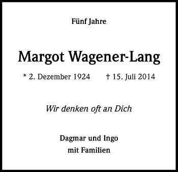Anzeige von Margot Wagener-Lang von Kölner Stadt-Anzeiger / Kölnische Rundschau / Express