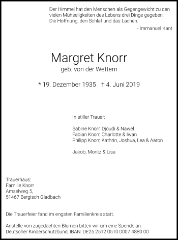 Anzeige von Margret Knorr von Kölner Stadt-Anzeiger / Kölnische Rundschau / Express