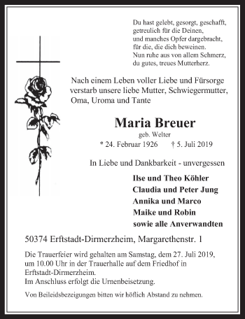 Anzeige von Maria Breuer von  Werbepost 