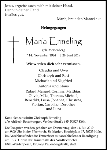 Anzeige von Maria Ermeling von Kölner Stadt-Anzeiger / Kölnische Rundschau / Express