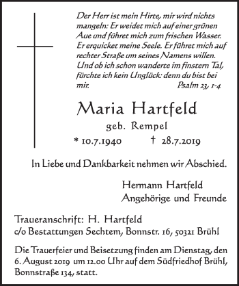Anzeige von Maria Hartfeld von  Schlossbote/Werbekurier 