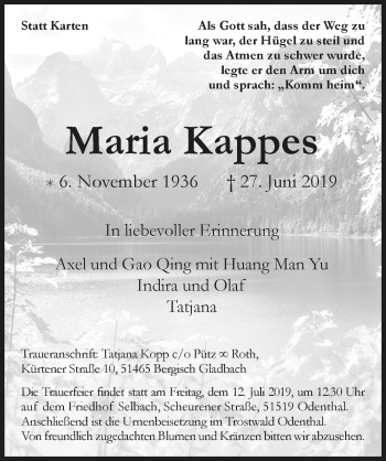 Anzeige von Maria Kappes von  Bergisches Handelsblatt 