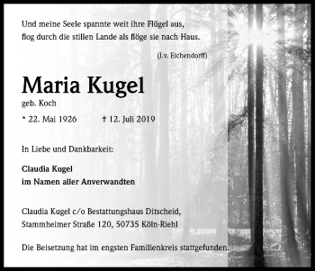 Anzeige von Maria Kugel von Kölner Stadt-Anzeiger / Kölnische Rundschau / Express