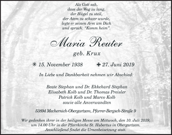 Anzeige von Maria Reuter von  Blickpunkt Euskirchen 