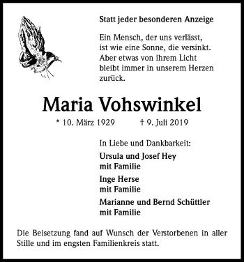 Anzeige von Maria Vohswinkel von Kölner Stadt-Anzeiger / Kölnische Rundschau / Express