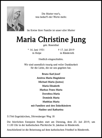 Anzeige von Maria Christine Jung von Kölner Stadt-Anzeiger / Kölnische Rundschau / Express