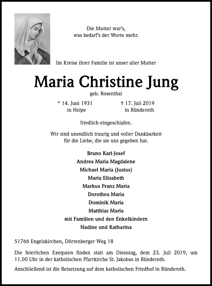  Traueranzeige für Maria Christine Jung vom 20.07.2019 aus Kölner Stadt-Anzeiger / Kölnische Rundschau / Express
