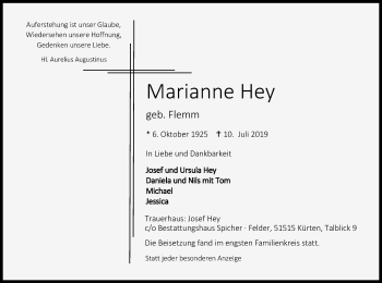 Anzeige von Marianne Hey von Kölner Stadt-Anzeiger / Kölnische Rundschau / Express