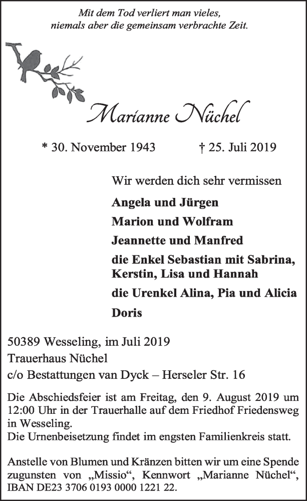  Traueranzeige für Marianne Nüchel vom 31.07.2019 aus  Schlossbote/Werbekurier 