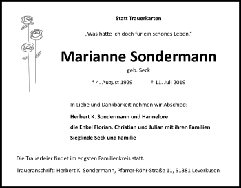 Anzeige von Marianne Sondermann von Kölner Stadt-Anzeiger / Kölnische Rundschau / Express