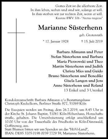 Anzeige von Marianne Süsterhenn von Kölner Stadt-Anzeiger / Kölnische Rundschau / Express