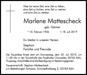 Anzeige von Marlene Mattescheck von Kölner Stadt-Anzeiger / Kölnische Rundschau / Express