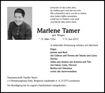 Anzeige von Marlene Tamer von Kölner Stadt-Anzeiger / Kölnische Rundschau / Express