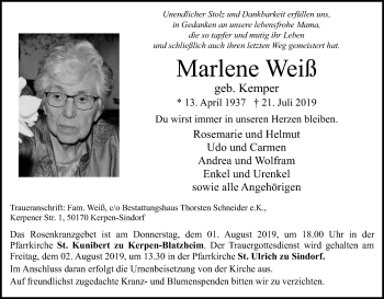 Anzeige von Marlene Weiß von Kölner Stadt-Anzeiger / Kölnische Rundschau / Express