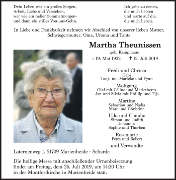 Anzeige von Martha Theunissen von Kölner Stadt-Anzeiger / Kölnische Rundschau / Express