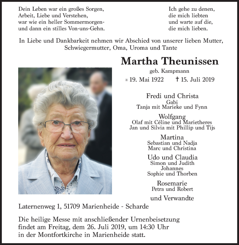  Traueranzeige für Martha Theunissen vom 23.07.2019 aus Kölner Stadt-Anzeiger / Kölnische Rundschau / Express