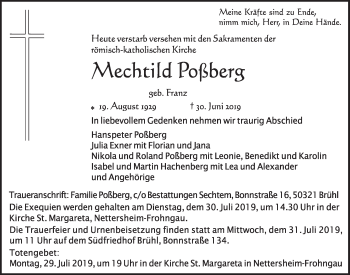 Anzeige von Mechthild Poßberg von  Schlossbote/Werbekurier 