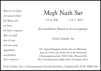 Anzeige von Megh Nath Sur Sur von Kölner Stadt-Anzeiger / Kölnische Rundschau / Express