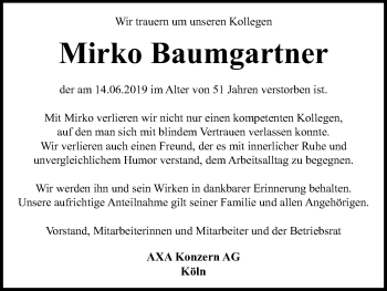 Anzeige von Mirko Baumgartner von Kölner Stadt-Anzeiger / Kölnische Rundschau / Express