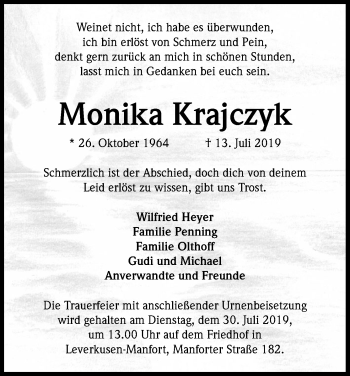 Anzeige von Monika Krajczyk von Kölner Stadt-Anzeiger / Kölnische Rundschau / Express