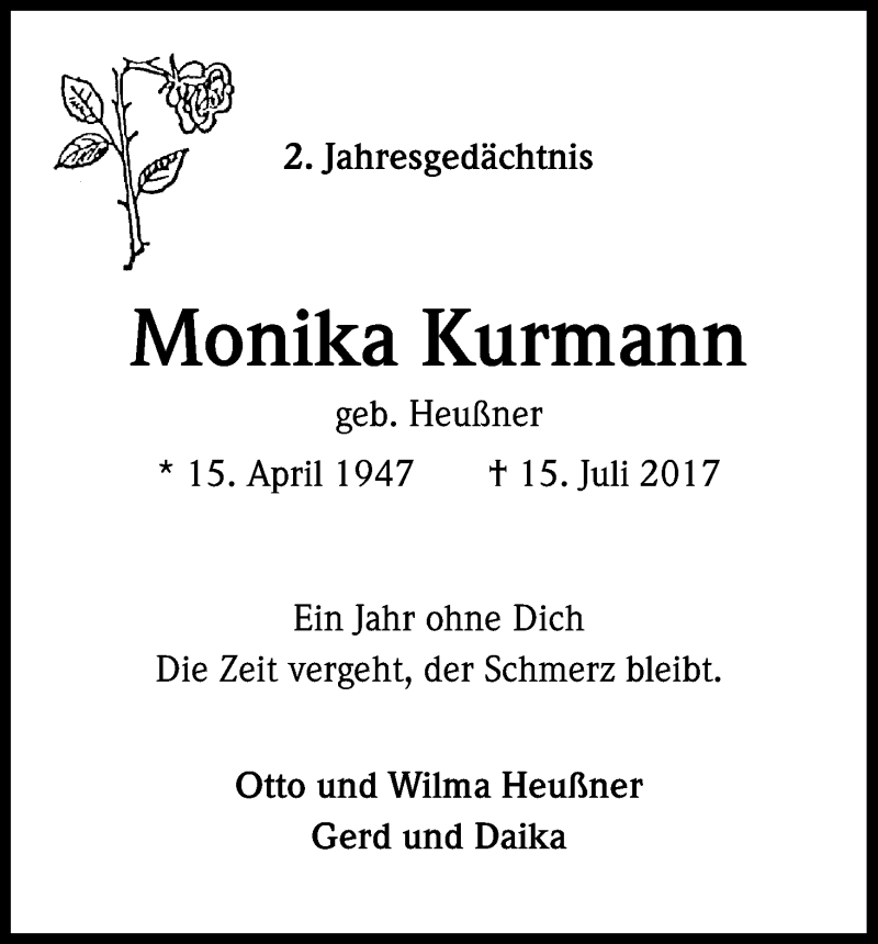  Traueranzeige für Monika Kurmann vom 13.07.2019 aus Kölner Stadt-Anzeiger / Kölnische Rundschau / Express