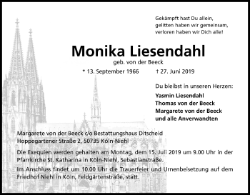 Anzeige von Monika Liesendahl von Kölner Stadt-Anzeiger / Kölnische Rundschau / Express