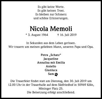 Anzeige von Nicola Memoli von Kölner Stadt-Anzeiger / Kölnische Rundschau / Express