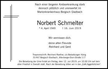 Anzeige von Norbert Schmelter von Kölner Stadt-Anzeiger / Kölnische Rundschau / Express