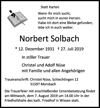 Anzeige von Norbert Solbach von Kölner Stadt-Anzeiger / Kölnische Rundschau / Express
