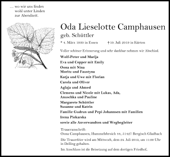 Anzeige von Oda Lieselotte Camphausen von Kölner Stadt-Anzeiger / Kölnische Rundschau / Express