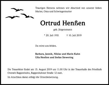Anzeige von Ortrud Henßen von Kölner Stadt-Anzeiger / Kölnische Rundschau / Express
