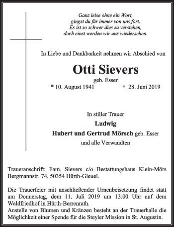 Anzeige von Otti Sievers von  Sonntags-Post 