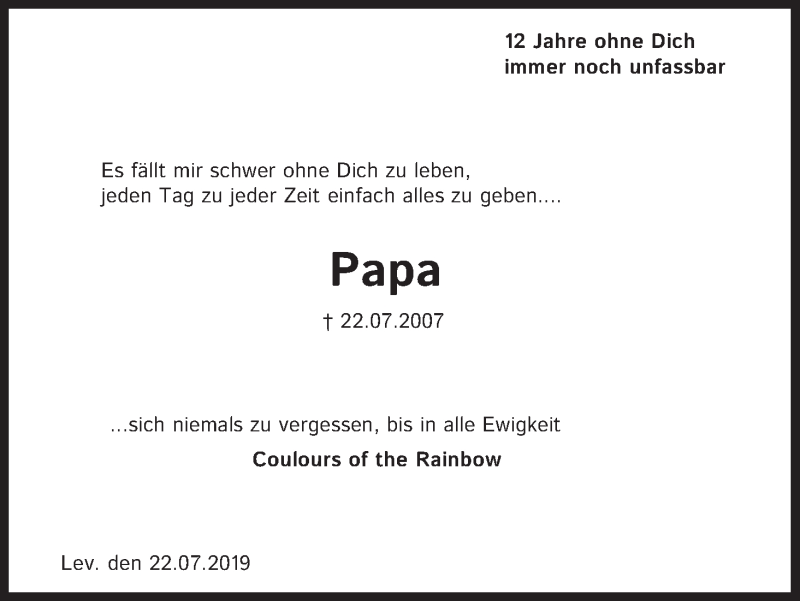  Traueranzeige für Papa  vom 22.07.2019 aus Kölner Stadt-Anzeiger / Kölnische Rundschau / Express