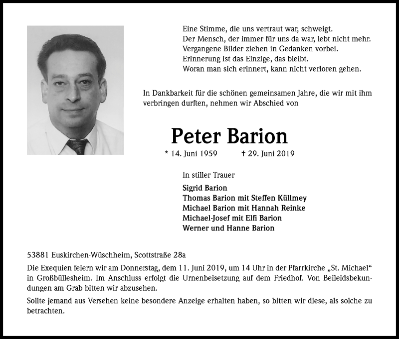  Traueranzeige für Peter Barion vom 06.07.2019 aus Kölner Stadt-Anzeiger / Kölnische Rundschau / Express