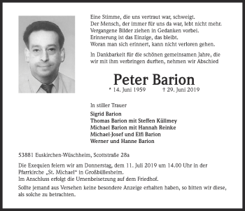 Anzeige von Peter Barion von  Blickpunkt Euskirchen 