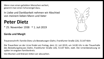 Anzeige von Peter Dietz von  Kölner Wochenspiegel 