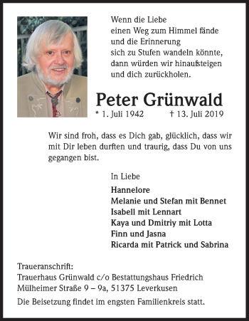 Anzeige von Peter Grünwald von Kölner Stadt-Anzeiger / Kölnische Rundschau / Express