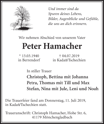 Anzeige von Peter Hamacher von  Sonntags-Post 