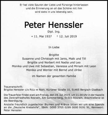 Anzeige von Peter Henssler von Kölner Stadt-Anzeiger / Kölnische Rundschau / Express