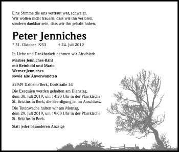 Anzeige von Peter Jenniches von Kölner Stadt-Anzeiger / Kölnische Rundschau / Express