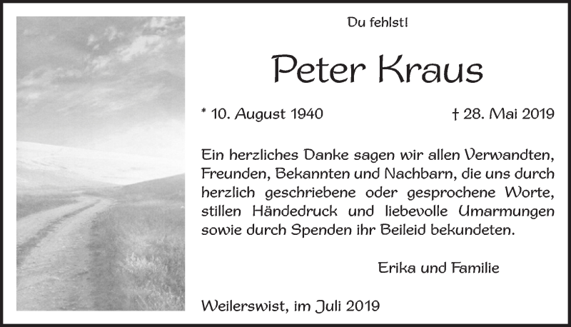  Traueranzeige für Peter Kraus vom 20.07.2019 aus  Blickpunkt Euskirchen 