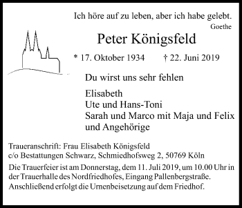Anzeige von Peter Königsfeld von Kölner Stadt-Anzeiger / Kölnische Rundschau / Express